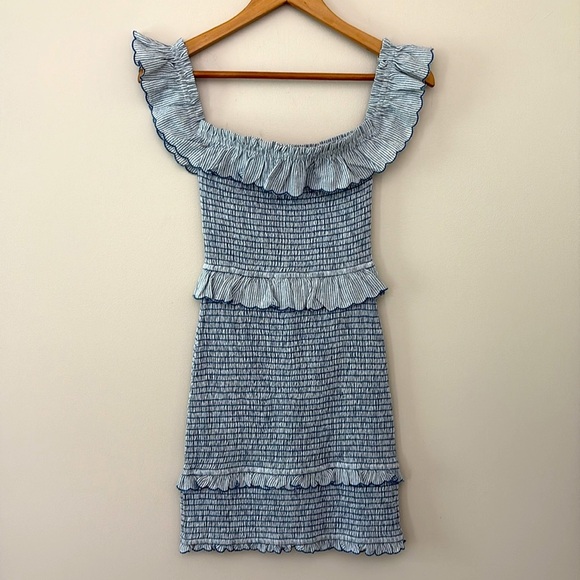 Storia Off The Shoulder Mini Dress Smocked Ruffle Cotton Linen Stripe Blue Sz S - Picture 3 of 10